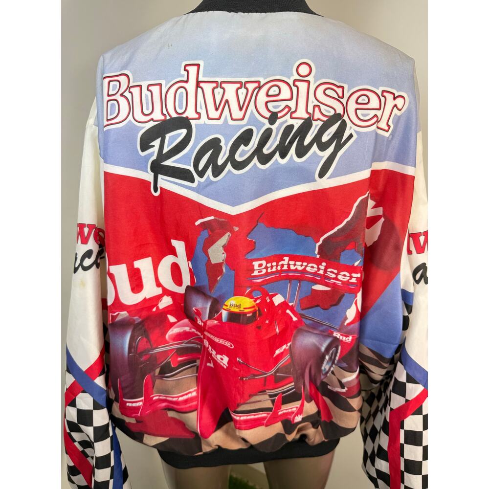Vintage 90s Budweiser Racing Jacket Formula 1 Uno F1 Chalk Line Satin Bomber
